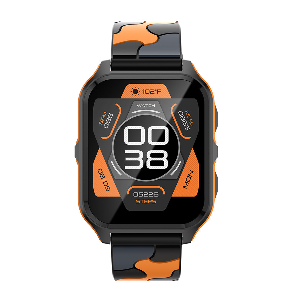 Smart watch COLMi P73 black and orange camouflage strap front view (3)